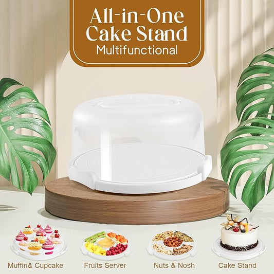 Cake Carrier with Lid and Handle, Multipurpose Cake Stand Fits 10 inch Cake, Cupcake Containers for 11 Cupcakes，Cake Holder Serves as Five Section Serving Tray, Portable Cake Carriers, White