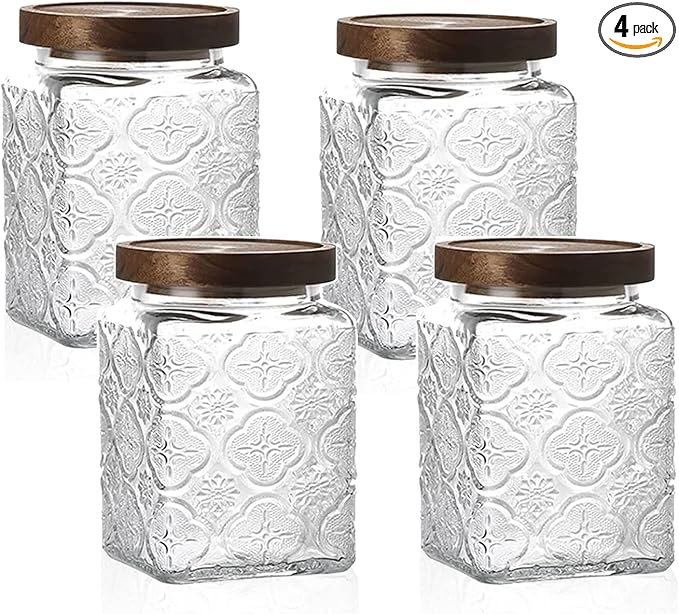 Snminetal Vintage Glass Airtight Storage Jar Set of 4, With Airtight Wood Lid, Kitchen Food Storage Containers,for Kitchen Counter, Pantry, Tea, Sugar,Coffee,Food Storage Jar(Plum pattern)