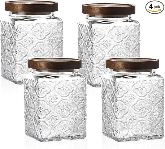 Snminetal Vintage Glass Airtight Storage Jar Set of 4, With Airtight Wood Lid, Kitchen Food Storage Containers,for Kitchen Counter, Pantry, Tea, Sugar,Coffee,Food Storage Jar(Plum pattern)
