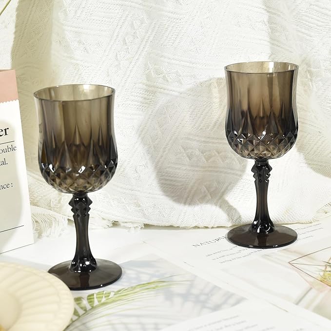 48 Pcs Black Wine Glasses, Plastic Goblets Vintage Style Cordial Drinking Glasses, Vintage Black Drinking Glasses Champagne Glassware for Wedding Reception Grand Event Party, 7Oz