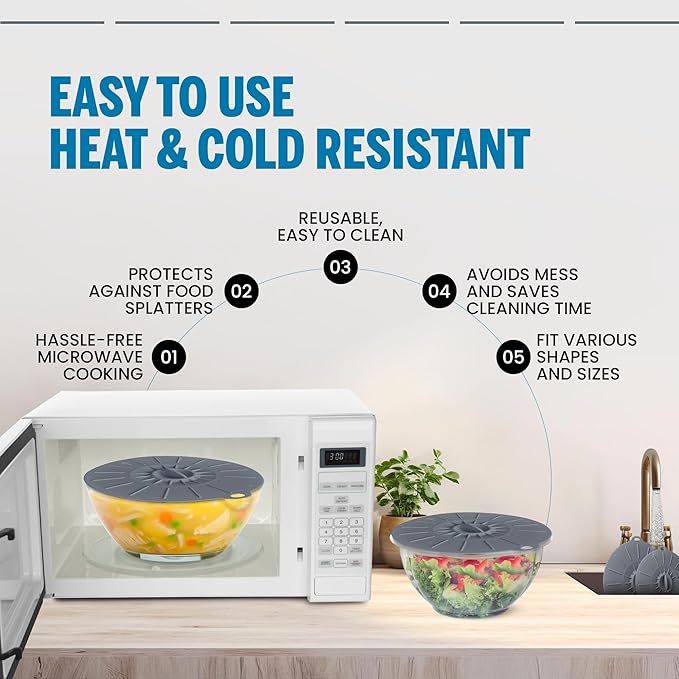 Microwave Cover Silicone Lids - Set of 5: 6, 8, 10, 12 and 13.8 inches - Suction Covers for Pots, Pans, Bowls, Cups, Skillets - Splatter Protection - Easy Food Storage - BPA Free