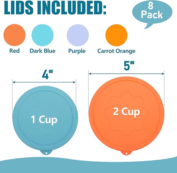 1 Cup (4 Pack) + 2 Cup (4 Pack) Silicone Replacement Lids Storage Cover for Pyrex 7202-PC and Anchor Hocking Glass Bowls (Container not Included) 8 Pack Microwave, Dishwasher and Freezer Safe