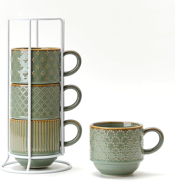 JIEMEI HOME Large Ceramic Coffee Mug Set of 4 with Stand, 15 Oz Stackable Embossment Ribbed Latte Cup Set for Cappuccino, Latte, Tea, Hot Cocoa, Drinks - Dishwasher & Microwave Safe, Vintage Turquoise