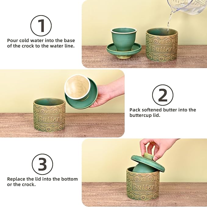 Butter Crock, Ceramic French Butter Dish with Lid for Countertop, Butter Keeper with Water Line for Fresh Spreadable Butter (Vintage Green)