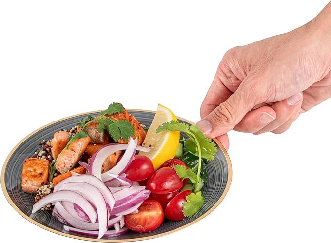 Restaurantware Plastic Plates 100 Pcs 7.25" Gold Rimmed Disposable Plates Heavy-Duty Black Translucent Rippled Plastic Dinner Servers for Party, Weddings, Salads, Desserts, and Appetizers