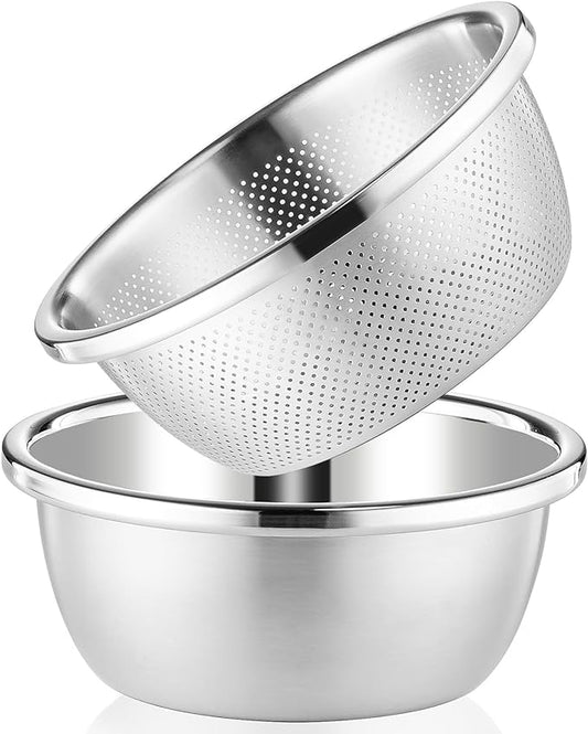 304 Stainless Steel Colander 4QT Microporous Colander & Large Bowl for Kitchen,Rice Strainer with Salad Mixing Bowl for Pasta Straining,Fruit Washing,Vegetable Draining,Food Mixing(2PCs)