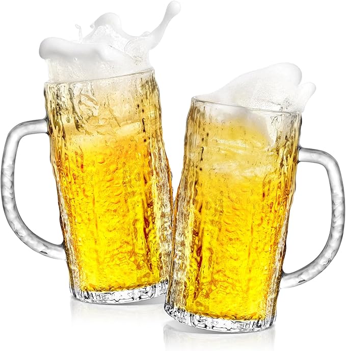 Beer Mug Set of 2, 16.5oz Glass Beer Mugs for Freezer, Clear Large Beer Steins with Handle, Gifts for Men