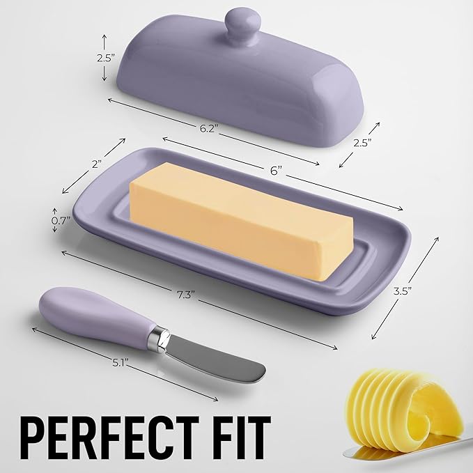 Zulay Butter Dish With Lid For Countertop - Porcelain White, Ceramic Butter Dish with Knob Handle Great for Cooking - Elegant Design Butter Holder - Durable & Sturdy Butter Keeper - Periwinkle