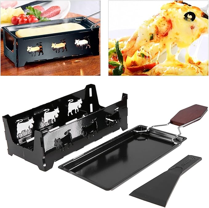 Non-Stick Cheese Raclette, Portable Candlelight Cheese Raclett, Cheese Melter Pan with Foldable Wood Handle, Rotaster Baking Tray Stove Set