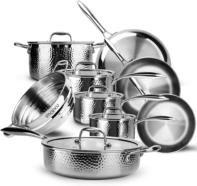 imarku Pots and Pans Set, 14PCS Kitchen Cookware Sets Tri-Ply Clad Stainless Steel with Hangered Handle and Lids, Suits Ceramic and Induction, Oven and Dishwasher Safe, Best Gifts for Women Man