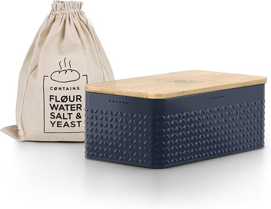 LARS NYSØM Bread Box I Metal Box with linen bag for long lasting freshness I Bread Bin with bamboo lid usable as cutting board I 13.4x7.3x5.3In (Midnight Blue)