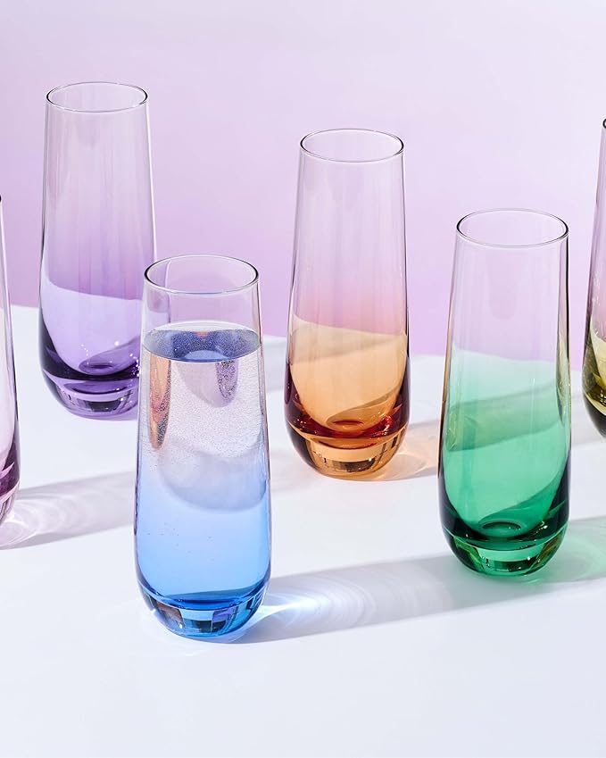 ColoVie Stemless Champagne Glasses Set of 6- Colored Champagne Flutes- Wedding Toasting Glass- Bridesmaid Gift- Mimosa Glass- Crystal Bar Glassware- Birthday Cocktail Party, 9.6oz