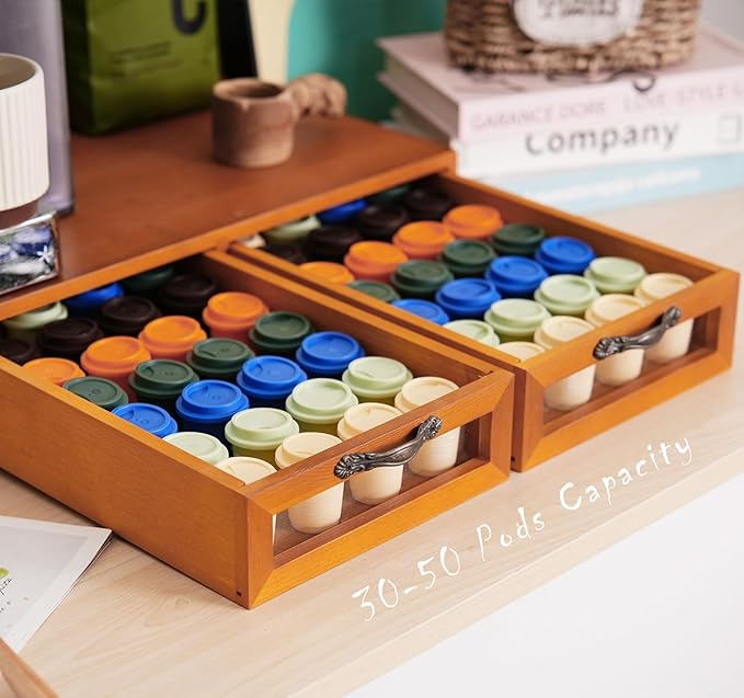 Wooden K-Cup Organizer - Coffee Pod Storage Box, 15.6 * 11.7 * 3.1 in, Compatible for Keuring Pod Holder, 30-50 Pod Capacity, No Assembly Required, Tea Bag Organizer Counter, Coffee Stand with Drawer