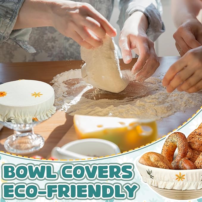Patelai 10 Pcs Bowl Covers Reusable in 5 Size Stretch Cloth Fabric Elastic Food Storage Bowl Covers Bread Sourdough Lids for Proofing Food Fruits Leftover(Embroidery Daisy)