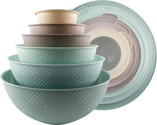 COOK WITH COLOR Mixing Bowls with Lids - 12 Piece Plastic Nesting Bowls Set includes 6 Prep Bowls and 6 Lids, Rhombus Design - Microwave Safe (Mint)