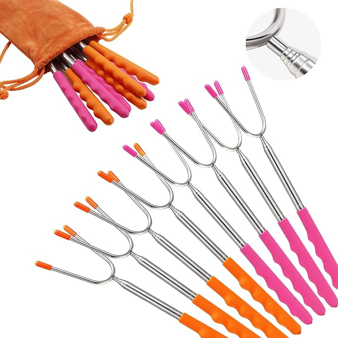 BBQStyle Marshmallow Roasting Sticks, Set of 8 Pack Premium 45'' Extendable Rotating Telescoping Forks for Hot Dog & Smores, Special Safe and Healthy Cookware for Campfire, Camping & Bonfire