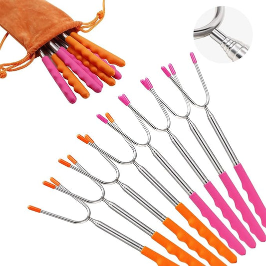 BBQStyle Marshmallow Roasting Sticks, Set of 8 Pack Premium 45'' Extendable Rotating Telescoping Forks for Hot Dog & Smores, Special Safe and Healthy Cookware for Campfire, Camping & Bonfire