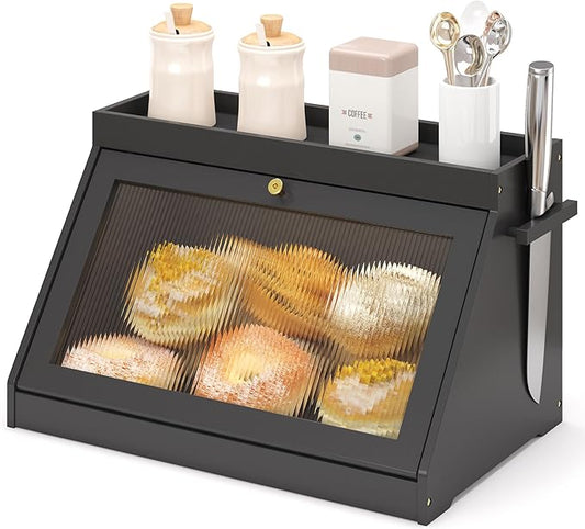 Bamboo Bread Box with Shelf for Kitchen Counter-Large Capacity Bread Storage Container with Wavy Arcylic Transparent Door Bamboo Wooden Farmhouse Bread Box for Your House (Black)