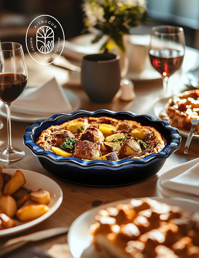 AISBUGUR Pie Pan for Baking 9 Inch Ceramic Pie Dish Quiche Baking Dish Non-Stick Dishwasher & Oven Safe (Reactive Glaze Blue)