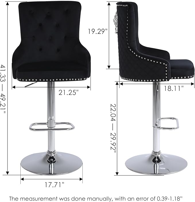 Velvet Lion Bar Stools Set of 6, Modern Height Adjustable Swivel Barstools with Chrome Base, Tufted Counter Height Bar Stools Upholstered Bar Chairs for Kitchen Island, Dining Room, Black