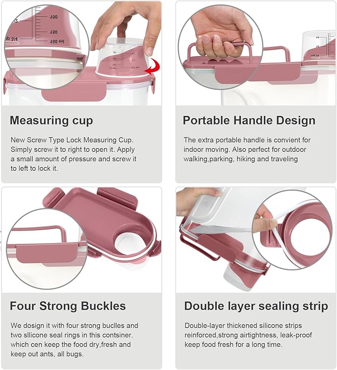 Airtight 10LBS Rice/Cereal/Dry Food Storage Container BPA Free, 5.28Qt Clear Plastic Kitchen and Pantry Organization Bin Suitable for Oats, Flour, Sugar, Pasta, Pet Food, etc (Rose Pink)