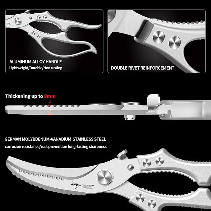 MAD SHARK Heavy Duty Poultry Shears, Kitchen Shears with Non-Slip Handle & Safety Lock, All Purpose Kitchen Scissors for Chicken, Meat Cutting, Turkey, Fish, Vegetables, Spring Loaded, Dishwasher Safe