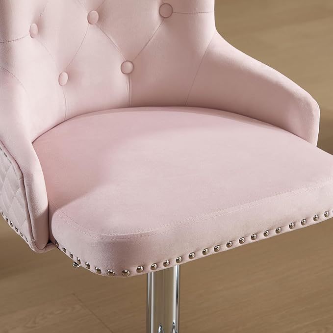 Velvet Lion Bar Stools Set of 4, Modern Height Adjustable Swivel Barstools with Chrome Base, Tufted Counter Height Bar Stools Upholstered Bar Chairs for Kitchen Island, Dining Room, Pink