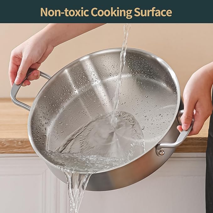 Saute Pan with Lid, 5 Quart Tri-Ply Stainless Steel Saute Pan, 12inch Deep Frying Pan with Lid, Large Skillet, Rondeau Pot with Lid Compatible with All Cooktops Up to 600℉