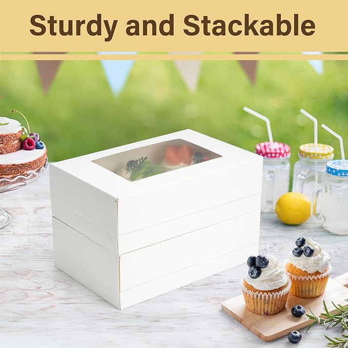 LotFancy 12 Pack Cupcake Boxes 6 Count, Pre-folded Cupcake Carrier with Window Holding 72 Standard Cupcakes, Food Grade Disposable Pastry Boxes