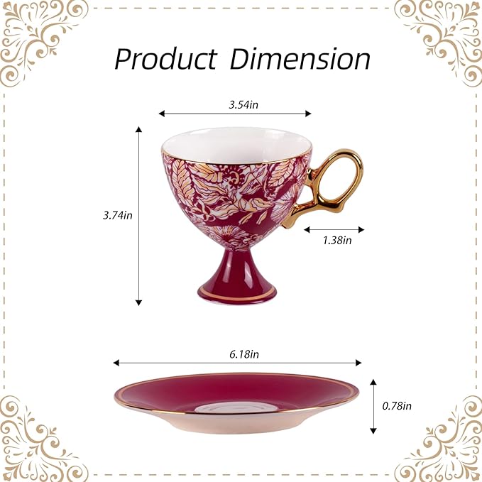 KAMMAK Ceramic Coffee Cups and Saucers Set of 2, Porcelain Espresso Cups with Saucers, 7.7oz Handcrafted Floral Vintage Petite Stem Tea Cups Drinkware Set for Party, Holiday Gifting, Home Decor, Gift