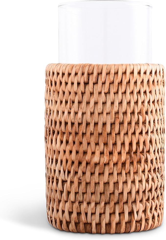 Vagabond House Natural, Removable Glass Water/Juice Glasses Set of 4, Handmade, Tall 6 Inches, Perfect for Kitchen and Home, Covered with Hand Woven Wicker Rattan