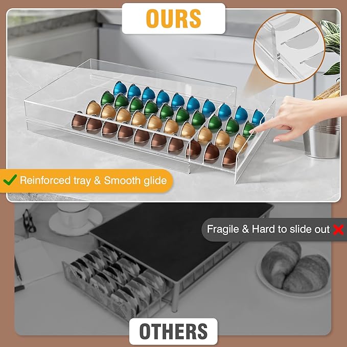 Acrylic Coffee Pod Holder Storage Drawer, Clear 40 Pods Coffee Capsule Organizer for Countertop, Pod Holder for Coffee Pod and Espresso Machines