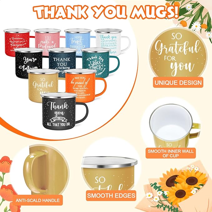 Wesiti 20 Pcs Thank You Gifts Mugs 12 oz Enamel Thank You Mug Coffee Mugs for Women Men Inspirational Employee Appreciation Mug for Teacher Coworker Volunteer Work Gift for Staff Business Favor(Boho)
