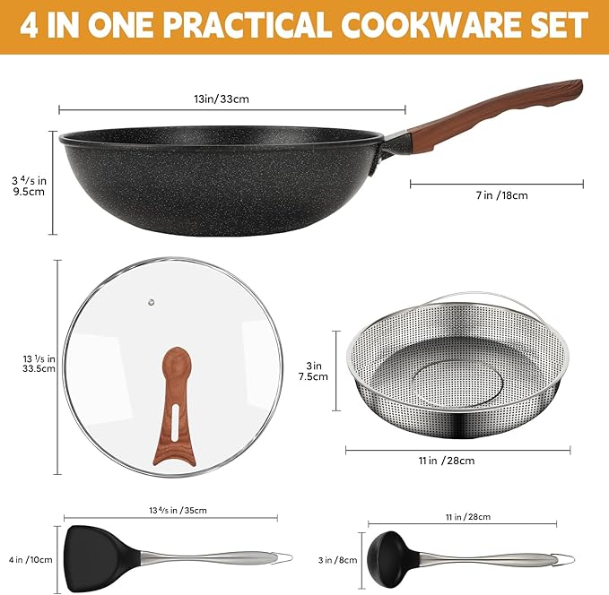AOSION 13'' Nonstick Wok, Woks & Stir-Fry Pans Non Stick Wok with Lid and Steamer Basket Spatula Ladle, 100% PFOA Free Induction Wok Pan for Electric, Gas, Halogen, All Stoves