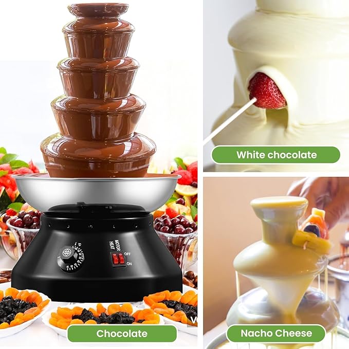 Chocolate Fondue Fountain 5 Tiers Digital Stainless Steel Electric Cheese Fountain Chocolate Dipping Warmer Chocolate Melting Heating Machine Hot Chocolate Fondue Tower (Black-5 Tiers)
