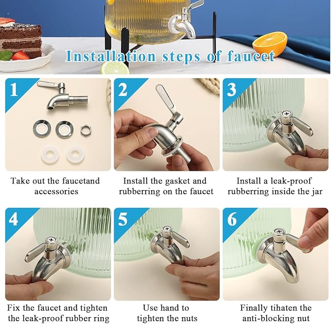 Berglander Glass Drink Dispenser for Fridge, 1 Gallon Beverage Dispenser with Leakproof Stainless Steel Spigot, Water, Laundry Detergent, Juice Dispenser for BBQ, Picnic, Parties and Events (Blue)