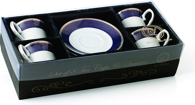 World Gifts Elegant Durable and Colorful Porcelain Tea-Coffee Cups and Saucers Set - Blue and Gold, 8 oz. Set of 4