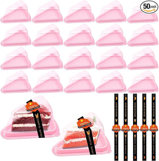 Cake Slice Container, 50 Pack Clear Plastic Cake Containers Cheesecake Container Pie Slice Box, Individual Pie Slice Box Disposable Cheesecake Containers For Pies Snack Dessert (Pink)