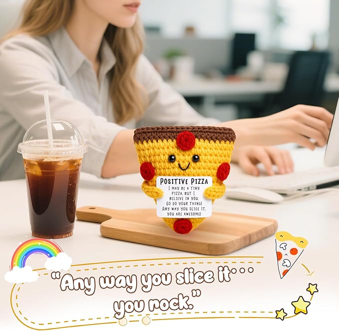 Mini Christmas Inspirational Pizza Gifts Handmade Positive Crochet Animal Pizza for Motivation Christmas Birthday Gift for Women Coworker Friends Christmas Stocking Stuffers White Elephant Gifts Idea