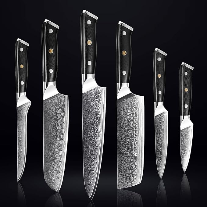 SENKEN 6-Piece Damascus Steel Kitchen Knife Set - Shogun Collection - 67-Layer Japanese VG10 Steel - Chef's Knife, Cleaver Knife, & More, Extremely Sharp Blades for Effortless Cutting, Luxury Gift Box