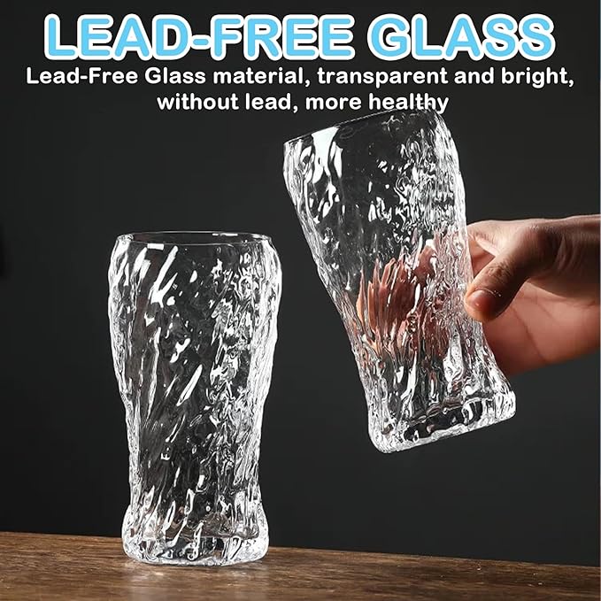 Tall Beer Glasses, Set of 8 Hammered Glass Cups, highball glasses, 17oz Tumbler Drinking Glass Set, Cocktail Drinking Glasses, Water Cups, Bar Glassware, Juice, Iced Tea, Margarita