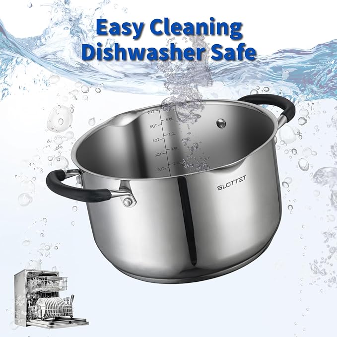 6 Quart Stainless Steel Stock Pot with Strainer Glass Lid,6 Qt Soup Pot Multipurpose Stockpot with Pour Spout,Stay-cool silicone Handle.