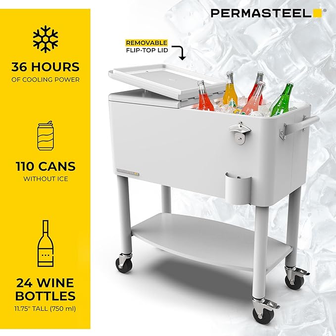 Permasteel 80 Quart Party Cooler, Rolling Ice Chest with Wheels and Handles for Indoor Outdoor Patio