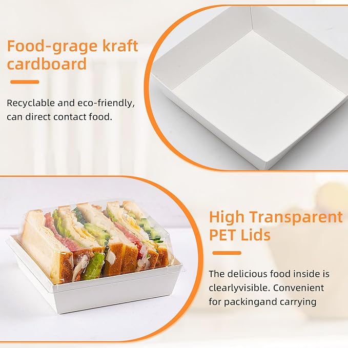 50 Pack Small Paper Charcuterie Boxes with Clear Lids, Dessert Boxes Square Disposable Paper Bakery Boxes to Go Food Containers for Desserts, Sandwich, Cookie, Sushi, Cake Slice and Strawberries