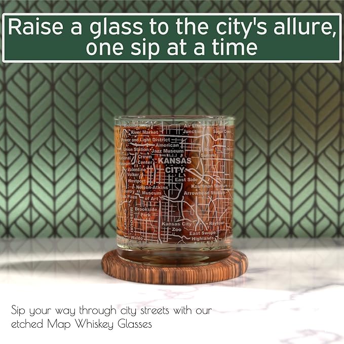 Greenline Goods Whiskey Glasses - 10 Oz Tumbler Set for Kansas lovers, Etched with Kansas City Map Old Fashioned Rocks Glass - Set of 2