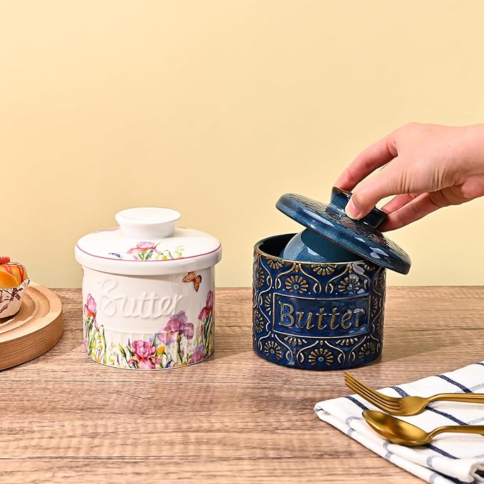 Butter Crock, Ceramic French Butter Dish with Lid for Countertop, Butter Keeper with Water Line for Fresh Spreadable Butter (Vintage Blue)