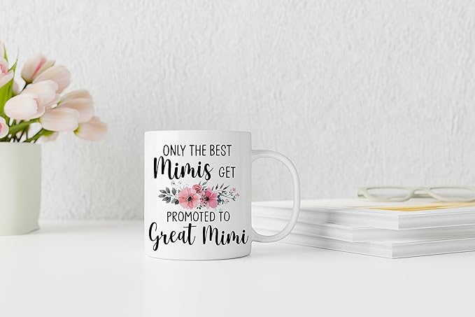 QASHWEY Mimi Coffee Mugs, Funny Pregnancy Announcement Gifts for Grandma, Great Grandma to Be, Double Side Printed Ceramic Mug Cup 11 Ounce