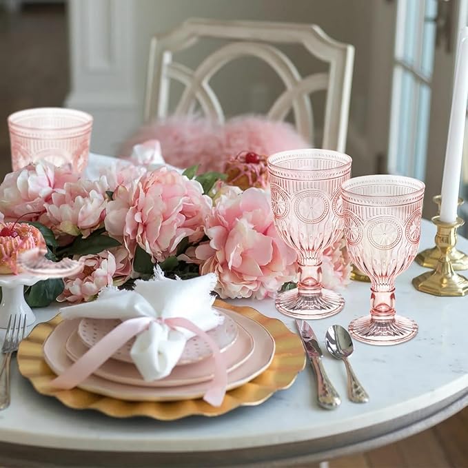 Pink 12 Pack Vintage Wine Glasses, Plastic Reusable 12 Ounce Colored Water Goblets, Unique Flower Embossed Pattern Unbreakable Stemmed Wine Glasses High Clear Wedding Party Bar Drinking Cups