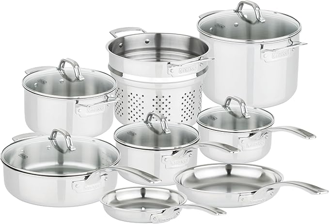 Viking 3-Ply Pots and Pans Set, 13 Piece Stainless Steel Cookware, Glass Lids, Strainer, Silver