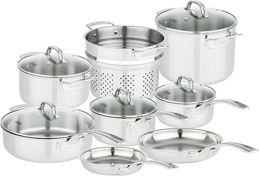 Viking 3-Ply Pots and Pans Set, 13 Piece Stainless Steel Cookware, Glass Lids, Strainer, Silver